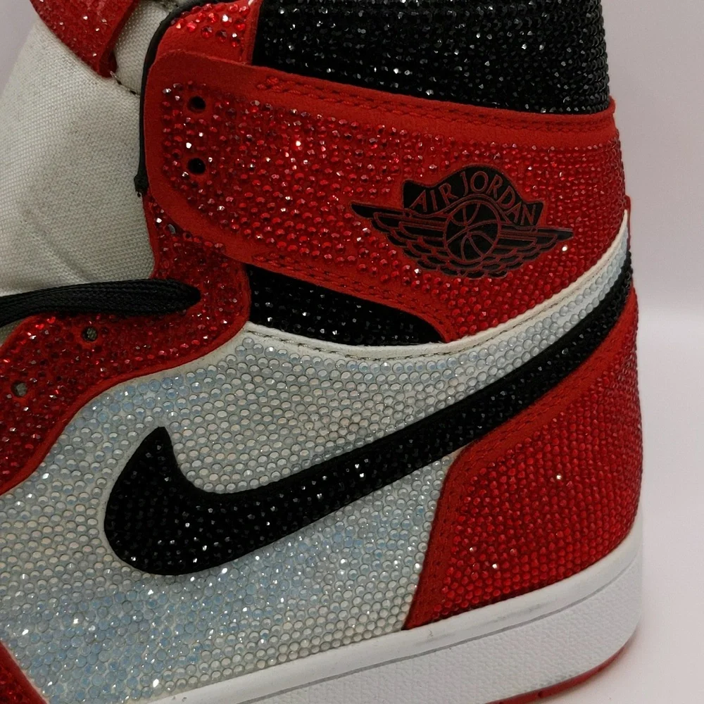 New Custom Crystal Iced Sneakers Red/White/Black Unbranded Bedazzled Sz 6 - Picture 8 of 16